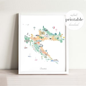 Kroatien illustrierte Karte Druckbare, Wand Kunst Druck, Aquarell Karte, Wahrzeichen, Kinderzimmer, Reise Druck, Zeichnung, Tier Karte, Landkarte