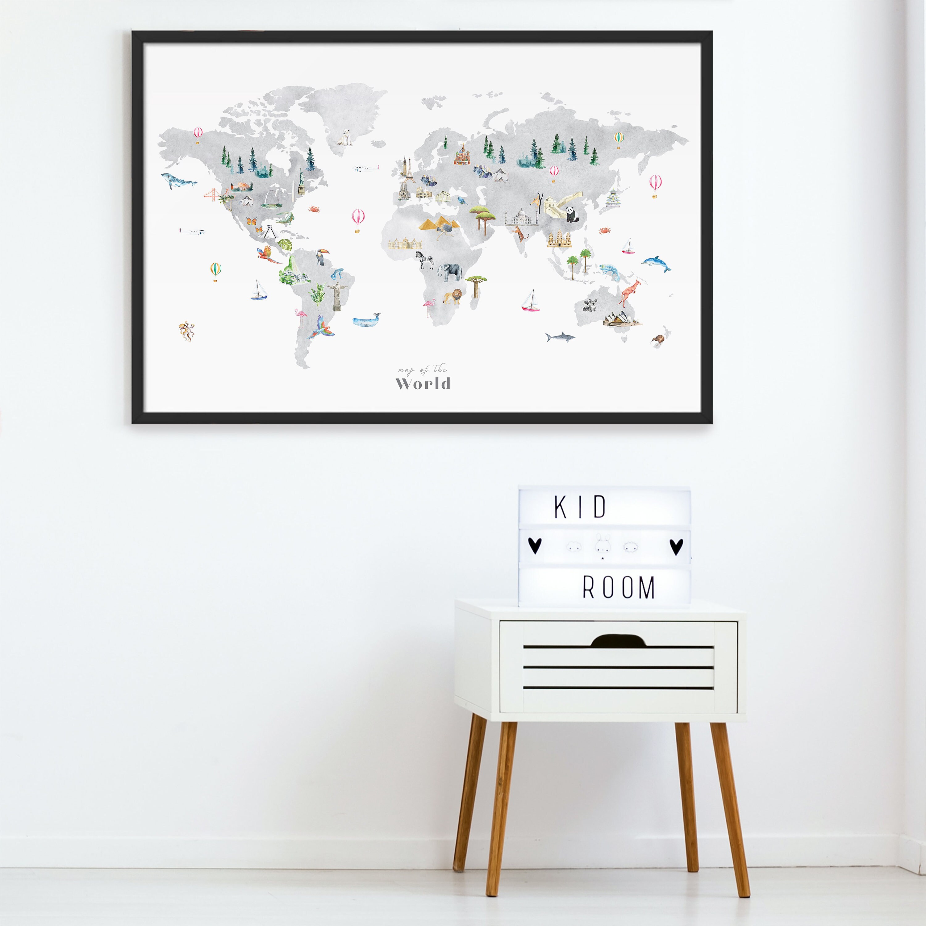 Illustrated World Map Printable wall art print nursery | Etsy