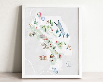 Carte des vins de Napa Valley, impression d'art mural, art mural, affiche de carte d'état, carte de voyage des États-Unis, aquarelle, décor à la maison, carte des vins, art mural de la Californie