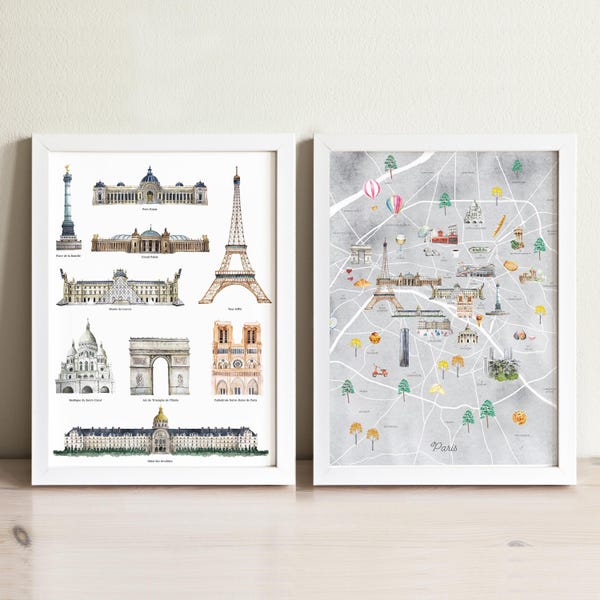 Paris Art Print Set: Illustrated Map & Landmark Collection