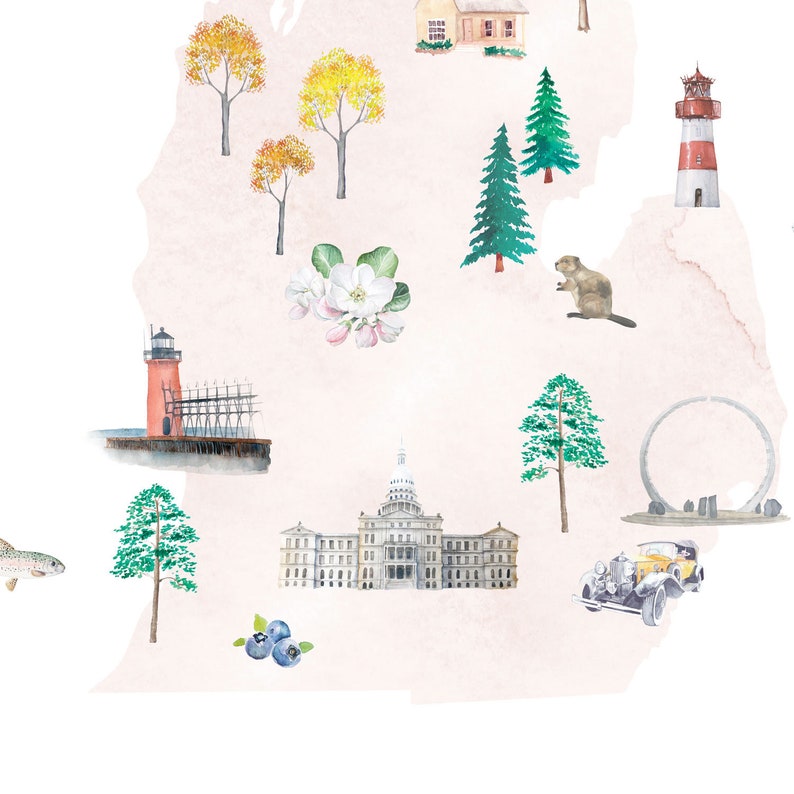 Michigan Illustrated State Map Wall Art Print Nursery Decor | Etsy