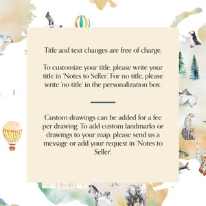 Puede incluir: Una ilustraci&oacute;n de acuarela de un mapa del mundo con una caja beige que contiene texto sobre la personalizaci&oacute;n del mapa. El texto dice "Los cambios de t&iacute;tulo y texto son gratuitos. Para personalizar tu t&iacute;tulo, escribe tu t&iacute;tulo en 'Notas para el vendedor'. Para no tener t&iacute;tulo, escribe 'sin t&iacute;tulo' en el cuadro de personalizaci&oacute;n. Se pueden agregar dibujos personalizados por una tarifa por dibujo. Para agregar puntos de referencia personalizados o dibujos a tu mapa, env&iacute;anos un mensaje o agrega tu solicitud en 'Notas para el vendedor'."