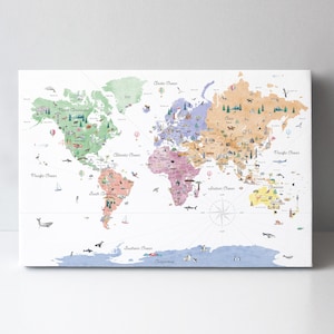 Leinwand Pastelle Lernweltkarte | Reise Wand Kunst | Kinder Weltkarte | Kinderzimmer Wand Dekor | Aquarell Weltkarte | Die Welt der Tiere