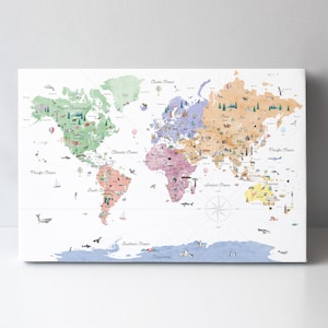 Canvas Pastels Educational World Map | Travel Wall Art | Kids World Map | Nursery Wall Decor | Watercolor World Map | Animal World Map