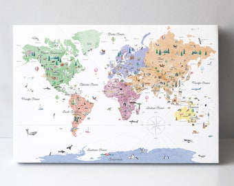 Canvas Multicolor Educational World Map | Travel Wall Art | Kids World Map | Nursery Wall Decor | Watercolor World Map | Animal World Map