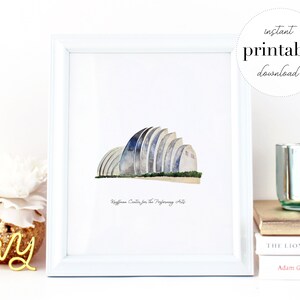 Könnte beinhalten: Eine Aquarellillustration des Kauffman Center for the Performing Arts in Kansas City, Missouri. Das Gebäude ist in Blautönen und Grau dargestellt, vor einem weißen Hintergrund. Der Text "Kauffman Center for the Performing Arts" ist unter der Illustration gedruckt.