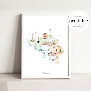 Mapa ilustrado de Bélgica imprimible, impresión de arte de pared, decoración de guardería, punto de referencia, habitación para niños, impresión de viajes, dibujo, Europa, mapa del país