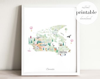 Canada Map Print: Watercolor Landmarks, Animals Art (Digital Download)