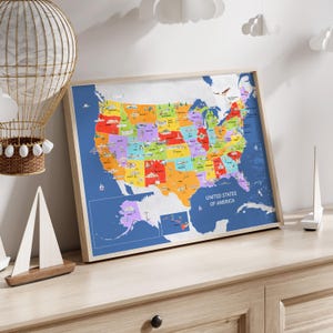 Kinderpädagogik Illustrierte Landkarte der Vereinigten Staaten von Amerika | Kinderzimmer Dekor Wandkunst | Kinderzimmer Dekor | USA Reisekarte | Amerika Landkarte