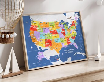 Watercolor USA Map Art Print: Kids Educational Nursery Decor