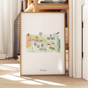 Kansas Illustrierte Bundesstaatskarte, Kunst, Poster, Kunstdruck, Kinderzimmer, Poster, Küstenkarte, USA-Reisekarte, Kinderbild