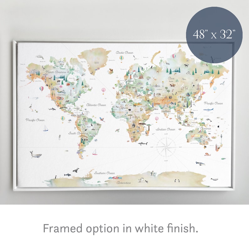Op de afbeelding: Een aquarel wereldkaart print met een wit frame. De kaart bevat illustraties van dieren, bezienswaardigheden en vervoer. De print is 48 inch bij 32 inch.