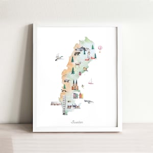 Schweden Illustrierte Karte Kunstdruck | Schweden-Reise-Dekor-Druck | Poster Kinderzimmer Karte | Fernweh Reise Dekor Kunstdruck | Wandkarte