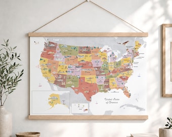 Sunset Illustrated Reference United States Map with state borders, landmarks, and animals | Hanging Canvas Map | Reference Series