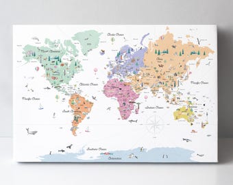 Educational World Map Canvas with Countries, Borders, & Landmarks | Pastels | Nursery Wall Decor | Watercolor World Map