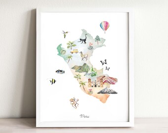 May include: A framed wall art print featuring a watercolor map of Peru. The map is decorated with illustrations of a llama, monkey, hot air balloon, fish, butterflies, and landmarks. The word Peru is printed in a simple font at the bottom center.