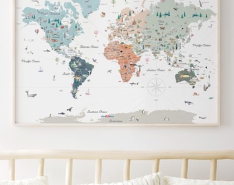 Educational World Map Art Print with Countries, Borders, and Landmarks | Scandi Neutrals | Kids Nursery Decor
