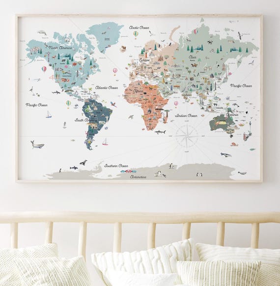 Educational World Map Art Print with Countries, Borders, and Landmarks | Scandi Neutrals | Kids Nursery Decor