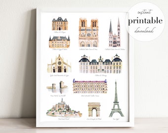 France Landmarks Printable | wall art print, nursery decor, landmark, kids room, travel print, drawing, france, country map, travel decor