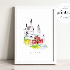 Neuschwanstein Castle Printable, bavaria, watercolor landmark, wall art print, nursery decor, landmark, germany, nursery decor, travel print