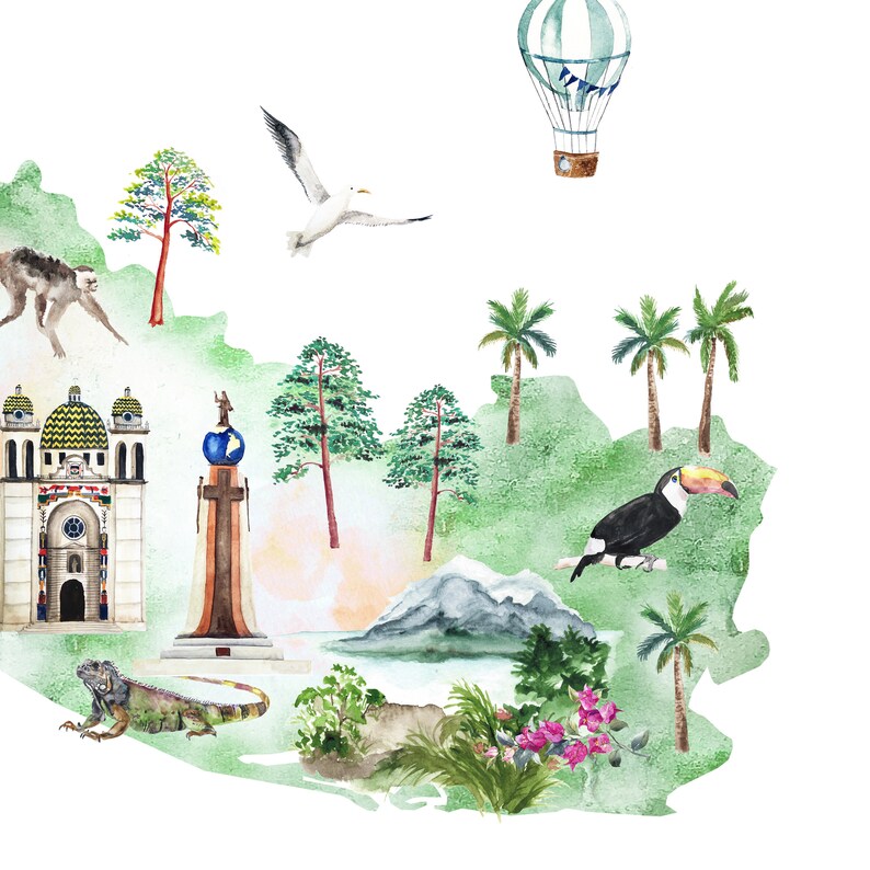 Puede incluir: Ilustraci&oacute;n de acuarela de una isla verde con un tuc&aacute;n, un mono, un globo aerost&aacute;tico, una iglesia, una estatua, una gaviota y palmeras. La isla est&aacute; rodeada de agua y una monta&ntilde;a.