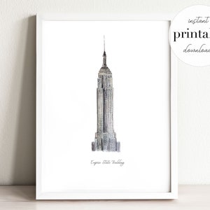 Empire State Building imprimable, illustration, impression d'art mural, décoration de chambre d'enfant, monument, chambre d'enfant, impression de voyage, dessin historique, New York image 1