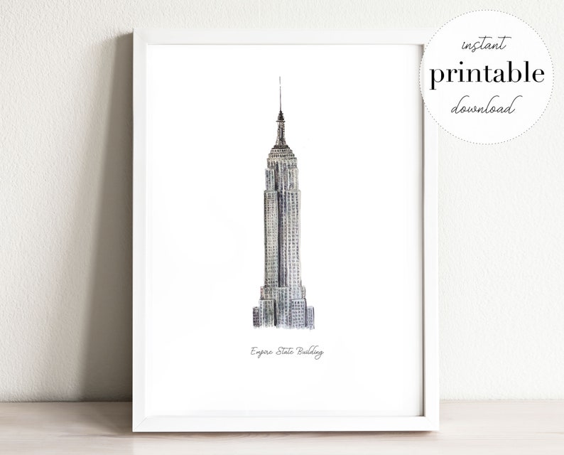 Empire State Building imprimable, illustration, impression d'art mural, décoration de chambre d'enfant, monument, chambre d'enfant, impression de voyage, dessin historique, New York image 1