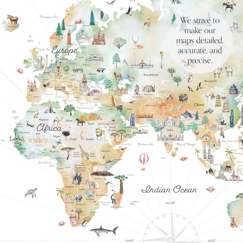 Op de afbeelding: Een aquarel wereldkaart met illustraties van dieren, bezienswaardigheden en culturele iconen. De kaart omvat continenten, oceanen en landen. De tekst "We strive to make our maps detailed, accurate, and precise." staat rechtsboven op de kaart.