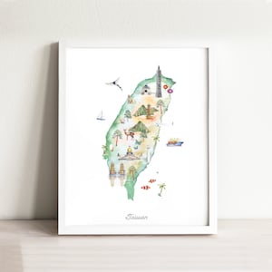 Taiwan Map Art Print Illustriert, Aquarell Karte für's Kinderzimmer, Landkarte Poster für Kinderzimmer, Wanddeko, Fernweh, Wanddeko, Wanddeko Wandbild