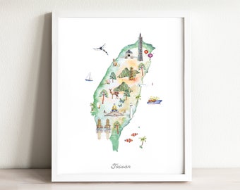 Taiwan Map Art Print Illustrated, décor de pépinière à l’aquarelle, affiche de carte de pays pour les chambres d’enfants, art de pépinière, carte de voyage, impression de carte esprit d’aventure