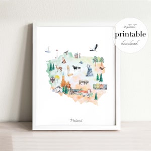 Carte illustrée de la Pologne à imprimer, impression d'art mural, point de repère, chambre d'enfant, impression de voyage, dessin, carte de pays, carte de pologne, bohème
