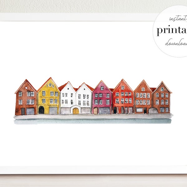 Norway Bryggen Waterfront Illustrated Printable | Norway | Travel Art Print | Street Drawing | Norway Travel Print | Scandinavian Decor