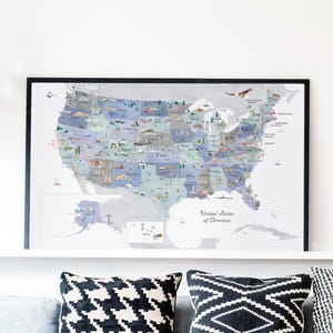 Carte éducative des États-Unis imprimable dans des tons froids | Carte des Etats-Unis | Décoration de chambre d'enfants | impression de voyage, dessin, art de la carte, carte murale, carte des Etats-Unis, états