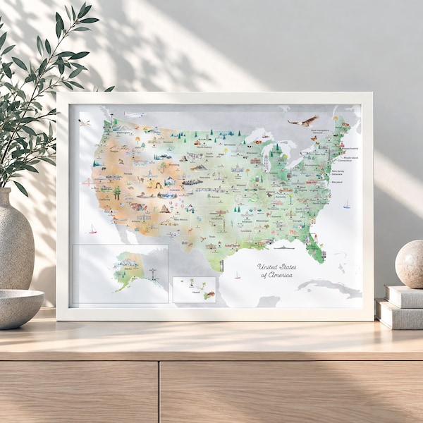 Earth Illustrated Reference United States Map with States, Landmarks, Animals | USA Map Digital Download | Reference Series