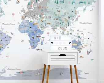 Winter Illustrated Reference World Map with Countries, Borders, Landmarks | World Map Educational Wall Decal | Reference Series
