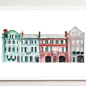 Charleston Rainbow Row Streetscape Illustrated Art Print | South Carolina | Travel Art Print | Charleston Travel Art Print | Street Drawing