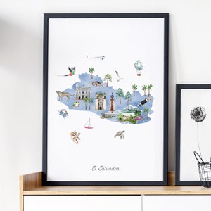 Puede incluir: Una ilustraci&oacute;n de acuarela de El Salvador, que representa la forma del pa&iacute;s con varios monumentos, animales y s&iacute;mbolos. La ilustraci&oacute;n incluye un volc&aacute;n, una iglesia, un faro, un tuc&aacute;n, un mono, un velero, un globo aerost&aacute;tico, un cangrejo, un pulpo y una tortuga marina. El texto "El Salvador" est&aacute; escrito en la parte inferior de la ilustraci&oacute;n.