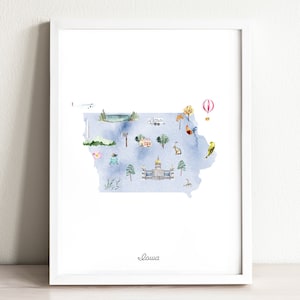 Iowa Illustrated State Map, wall art print, nursery decor, nursery wall art, state map poster, USA travel map, kids room, map decor