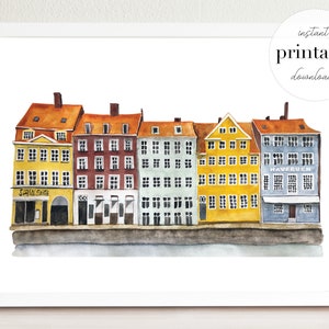 Copenhagen Streetscape Illustrated Printable | Nyhavn Denmark | Travel Art Print | Copenhagen Travel Poster | Street Drawing | Scandinavian