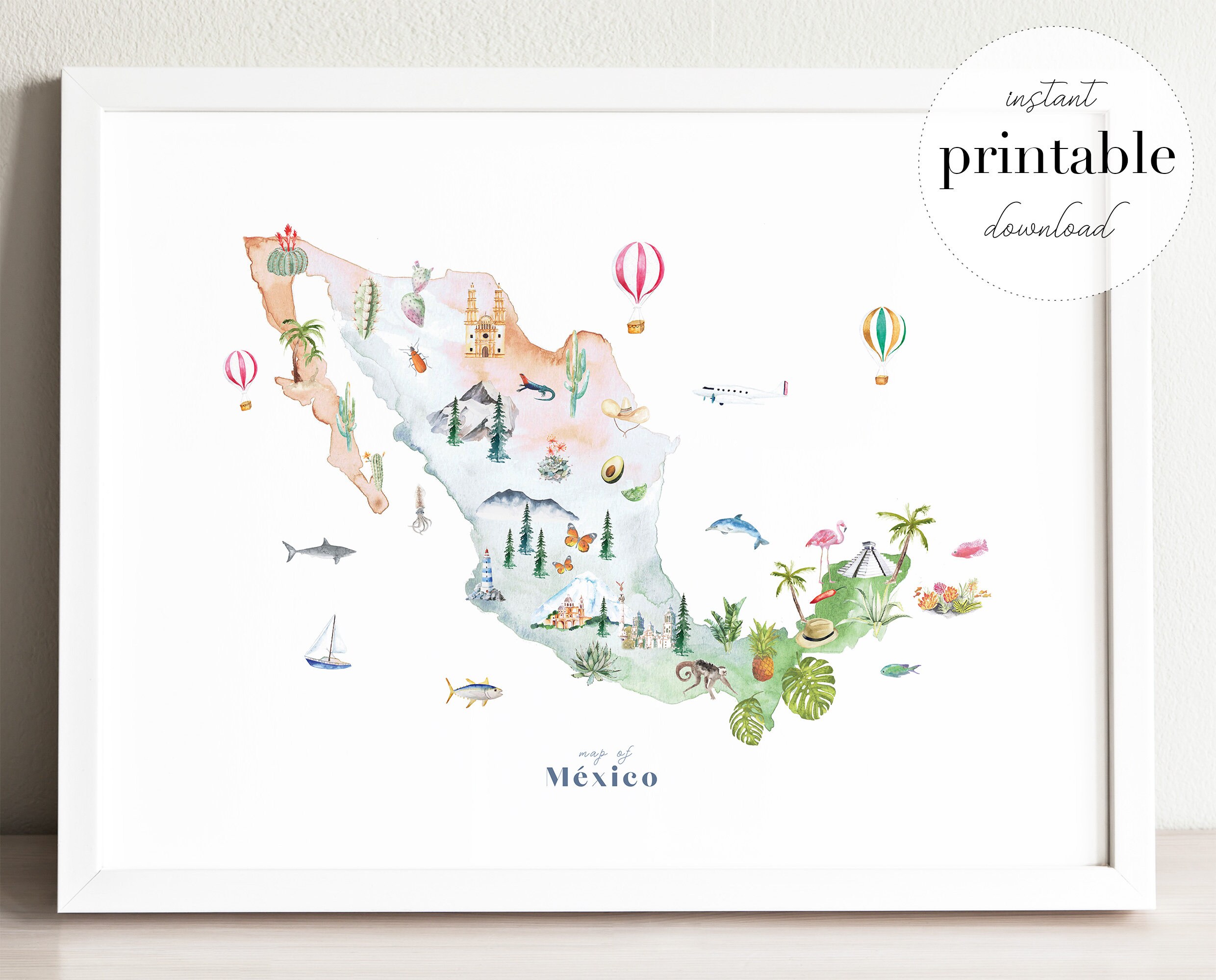 Mexico Illustrated Map Printable wall art print nursery | Etsy