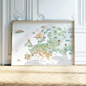 Europa lehrende Weltkarte | Boho Kinder Wand Kunst | Kinder Weltkarte | Kunstdruck Kinderzimmer Dekor | Illustrierte Weltkarte Home Decor