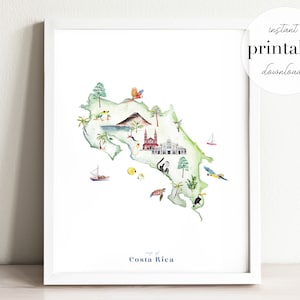 Carte illustrée du Costa Rica imprimable, impression d'art mural, décoration de chambre d'enfant, monuments, chambre d'enfant, impression de voyage, dessin, carte d'animaux, carte de pays