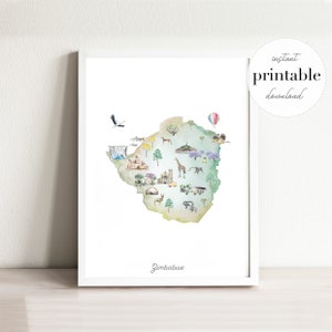Simbabwe illustrierte Karte Druck, Wand Kunst Druck, Kinderzimmer Dekoration, Wahrzeichen, Kinderzimmer, Reise Karte, Tier Karte, Landkarte, Afrika Karte