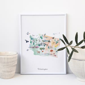 Afdrukbare staatskaart Washington, geïllustreerde kunst aan de muur, inrichting kinderkamer, kunst aan de muur kinderkamer, poster staatskaart, reiskaart VS, kinderkamer