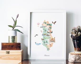 Albania Map Art Print: Illustrated Watercolor Travel Decor