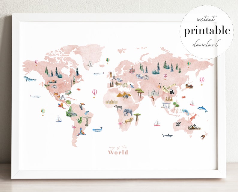 Illustrated World Map Printable Wall Art Print Nursery Etsy