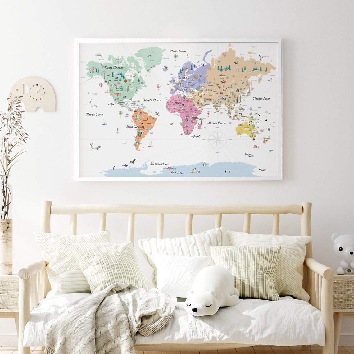 Map Generic Pastel Framed Educational World Map With Countries, Borders, & Landmarks ...