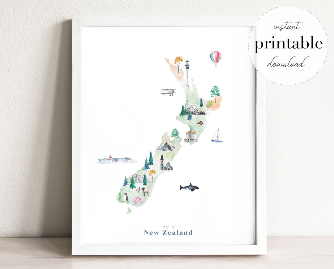 New Zealand Illustrated Map Printable Wall Art Print Nursery - Etsy