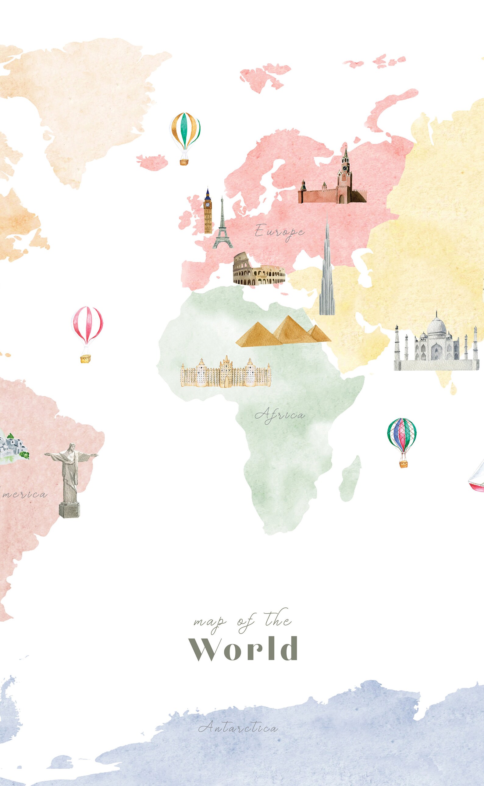 Colorful Landmarks World Map Printable Wall Art Print | Etsy