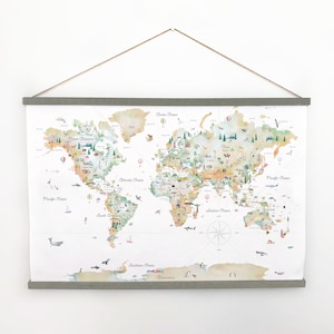 Weltkarte mit Farbverlauf zum Aufhängen Reise Wand Kunst | Kinder Weltkarte | Kinderzimmer Wand Dekor | Aquarell Weltkarte | Tierkarte